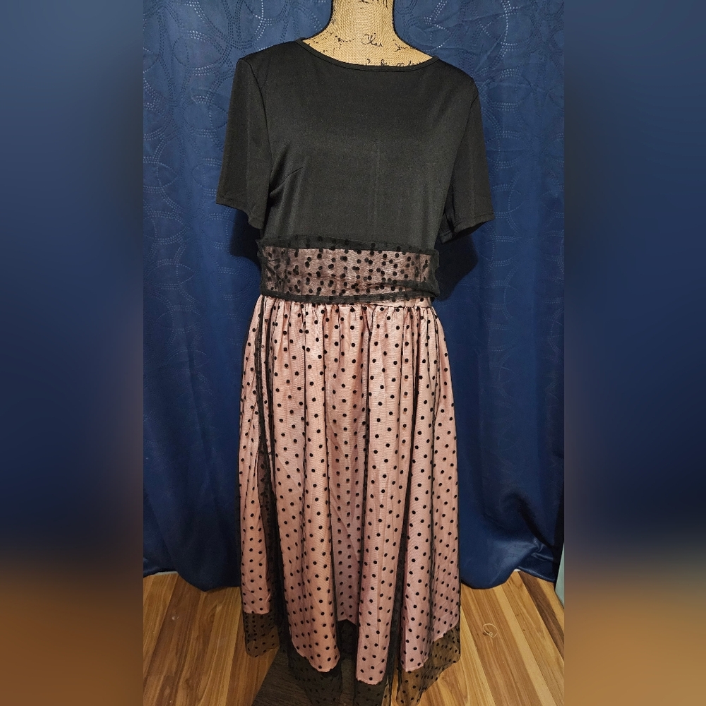 Womens Tea Length Dress Sz L 12 14 16 PINK BLACK A-Line Polka Dots 50's
